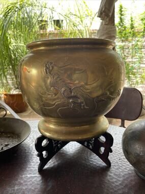 Large Gold Brass Dragon Print Jardiniere Flower Pot Planter With Handles